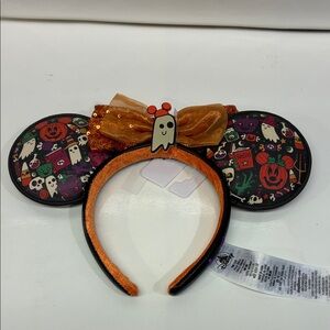 Disney Minnie Mouse Halloween ears headband with a sequined bow and ghost cutout